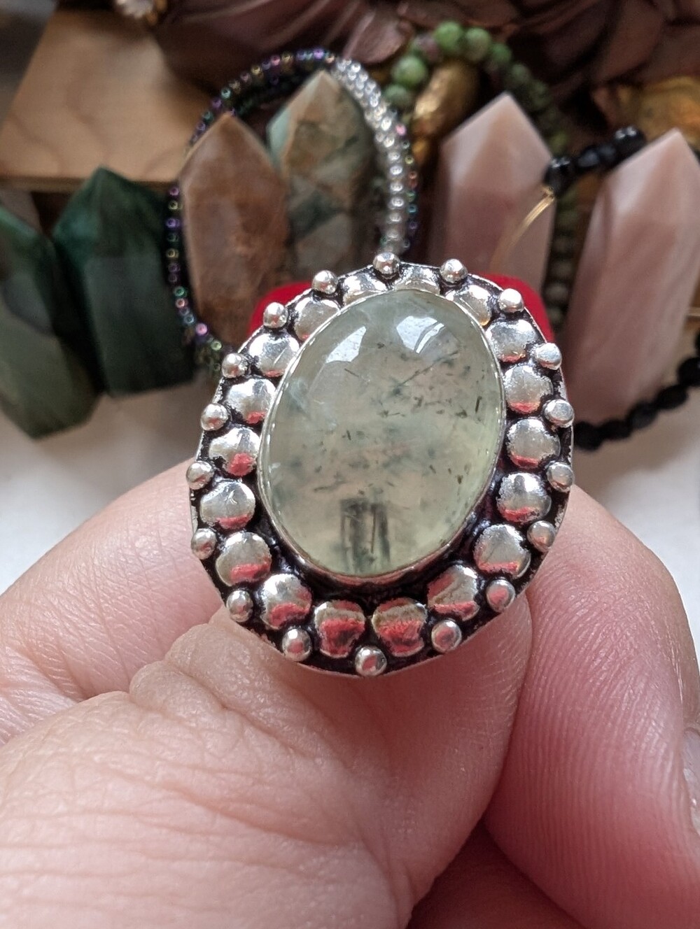 Sterling Silver Green Prehnite Oval Statement Ring Size 7.5